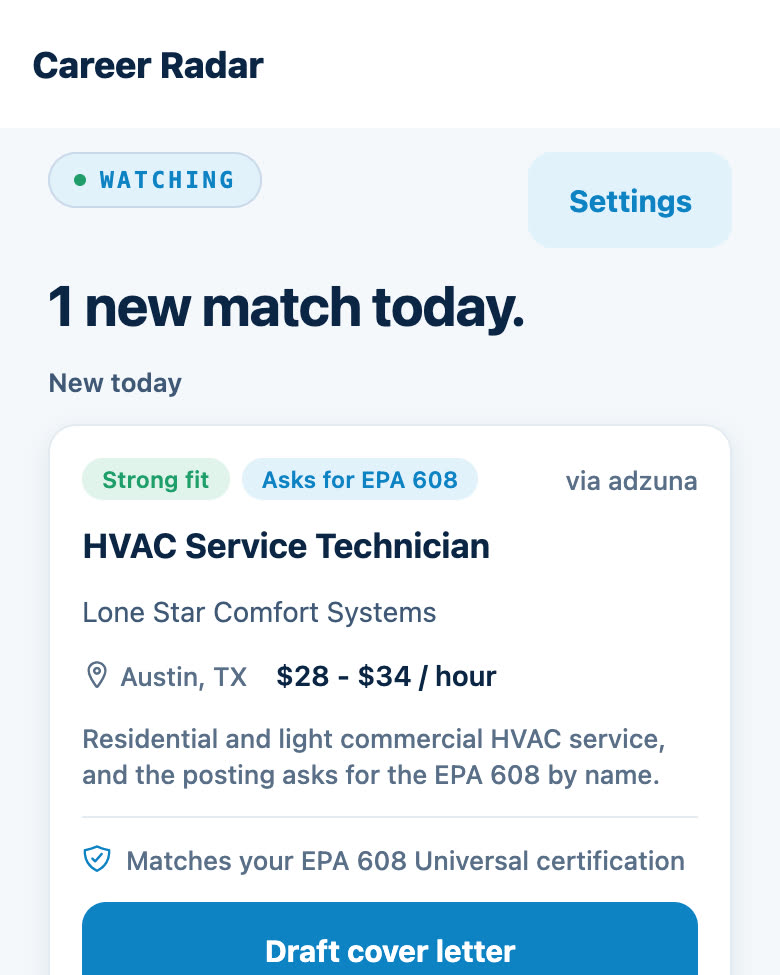 The Career Radar screen, showing a matched local HVAC job posting with its EPA 608 requirement
