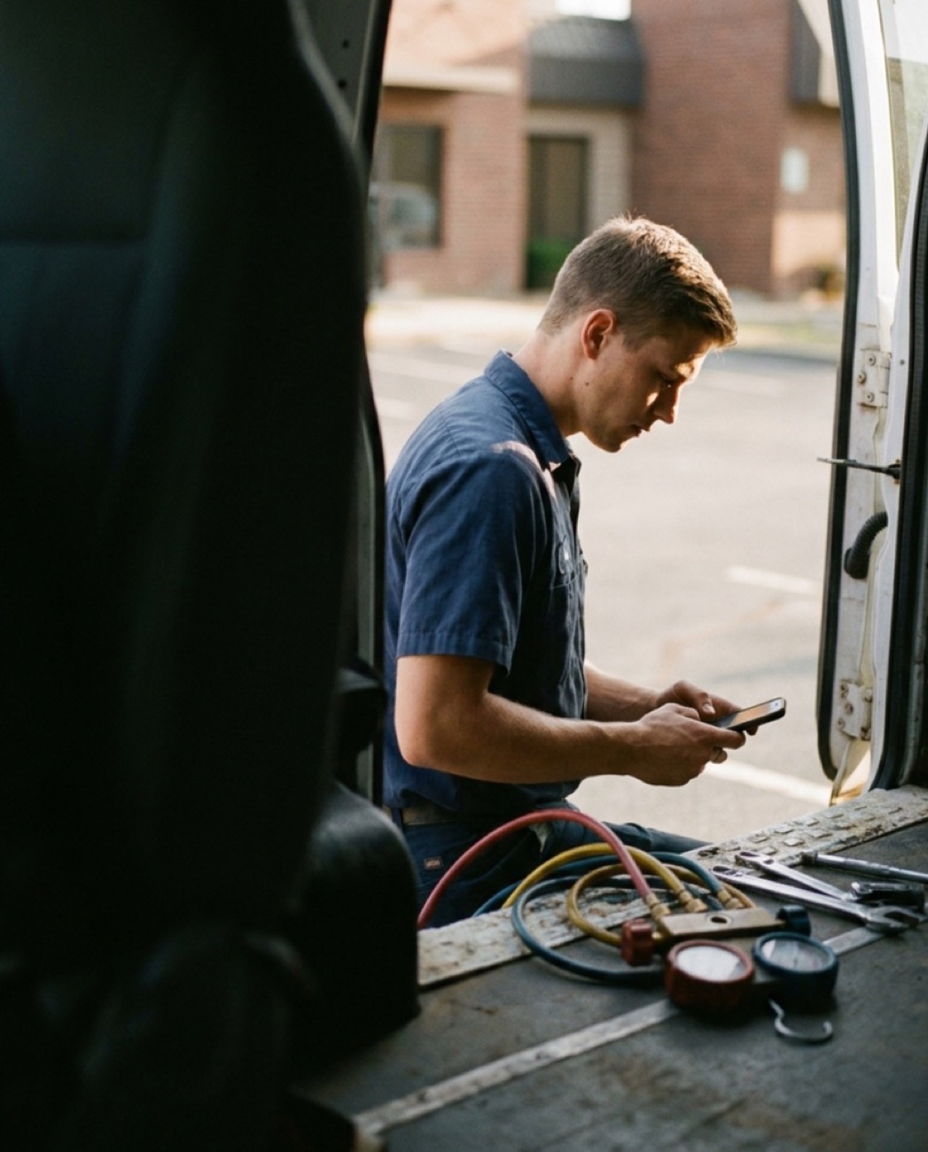 A technician checking notes at the back of a service van