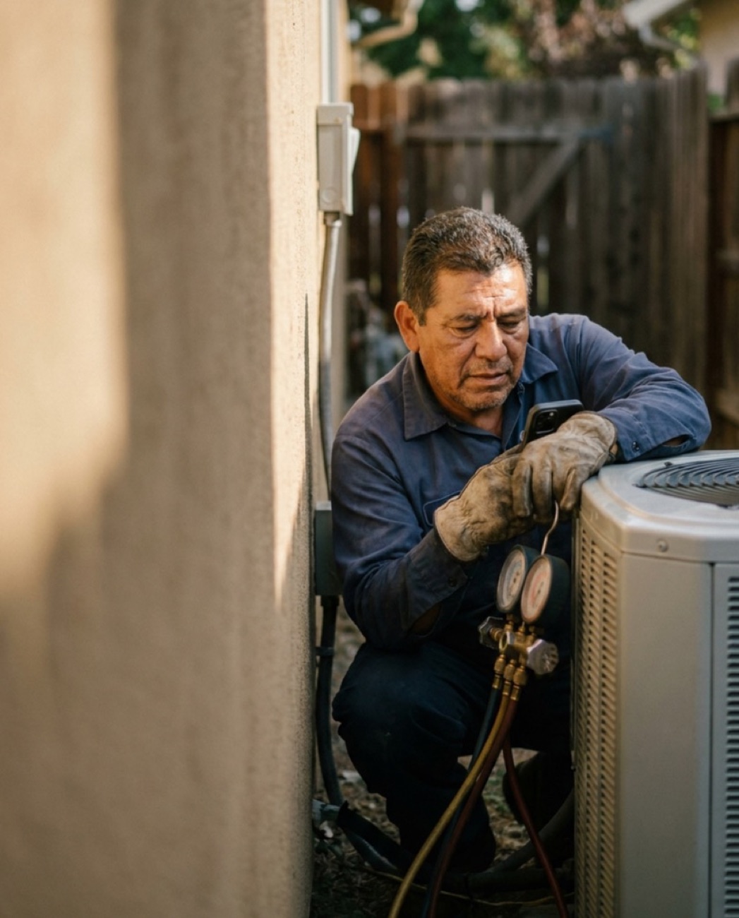 A technician servicing a condenser unit