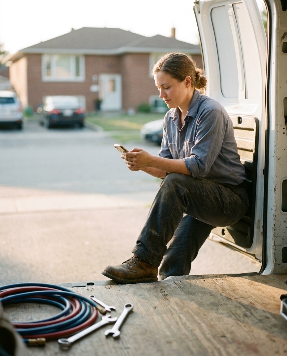 A technician reading on her phone on the back step of a service van