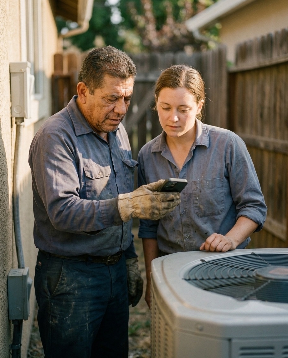 An experienced technician showing an apprentice something on his phone