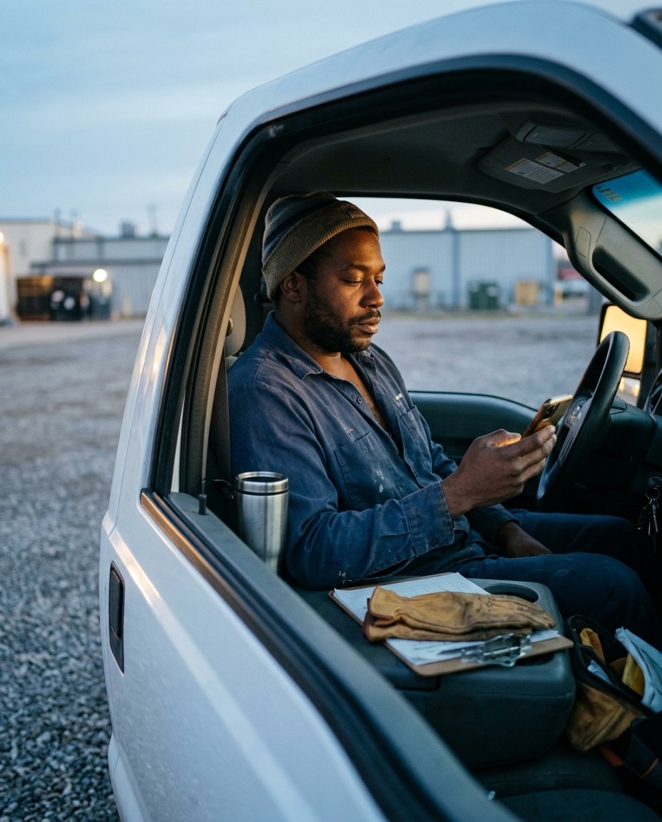 A technician reading on his phone in a work truck before dawn