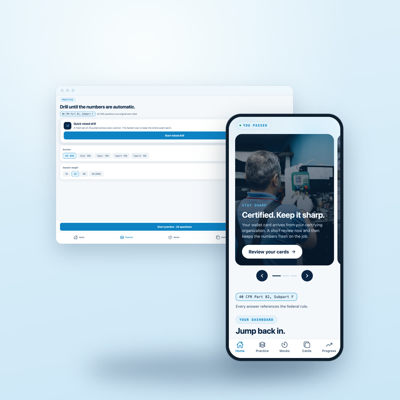 The EPA 608 practice app running on a phone and a desktop browser